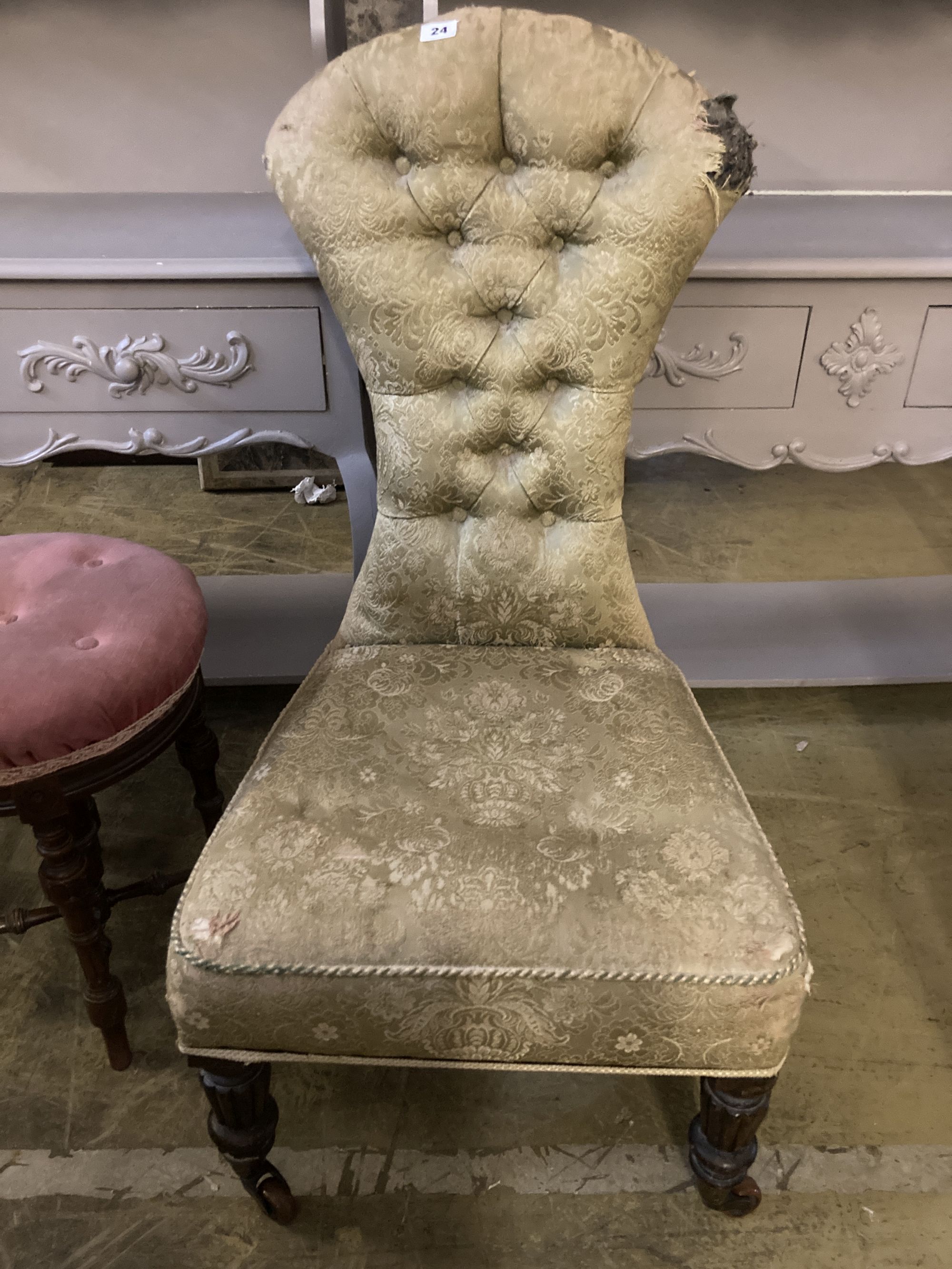 A late Victorian walnut piano stool by Shoolbred & Co, together with an early Victorian upholstered side chair